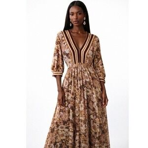 Bohme Floral Maxi Dress V-Neck Cottagecore Boho Striped Detail Size S